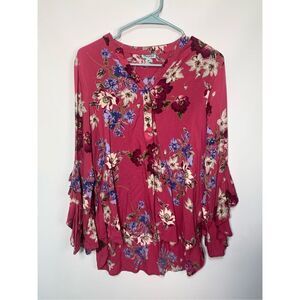 Nostalgia Women's Red Floral Flounce Sleeve V-Neck Blouse Top Medium